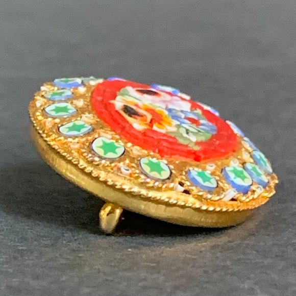 VTG Pin Micro Mosaic Italian Brooch Oval Glass Floral Red Green Gold - Picture 3 of 8